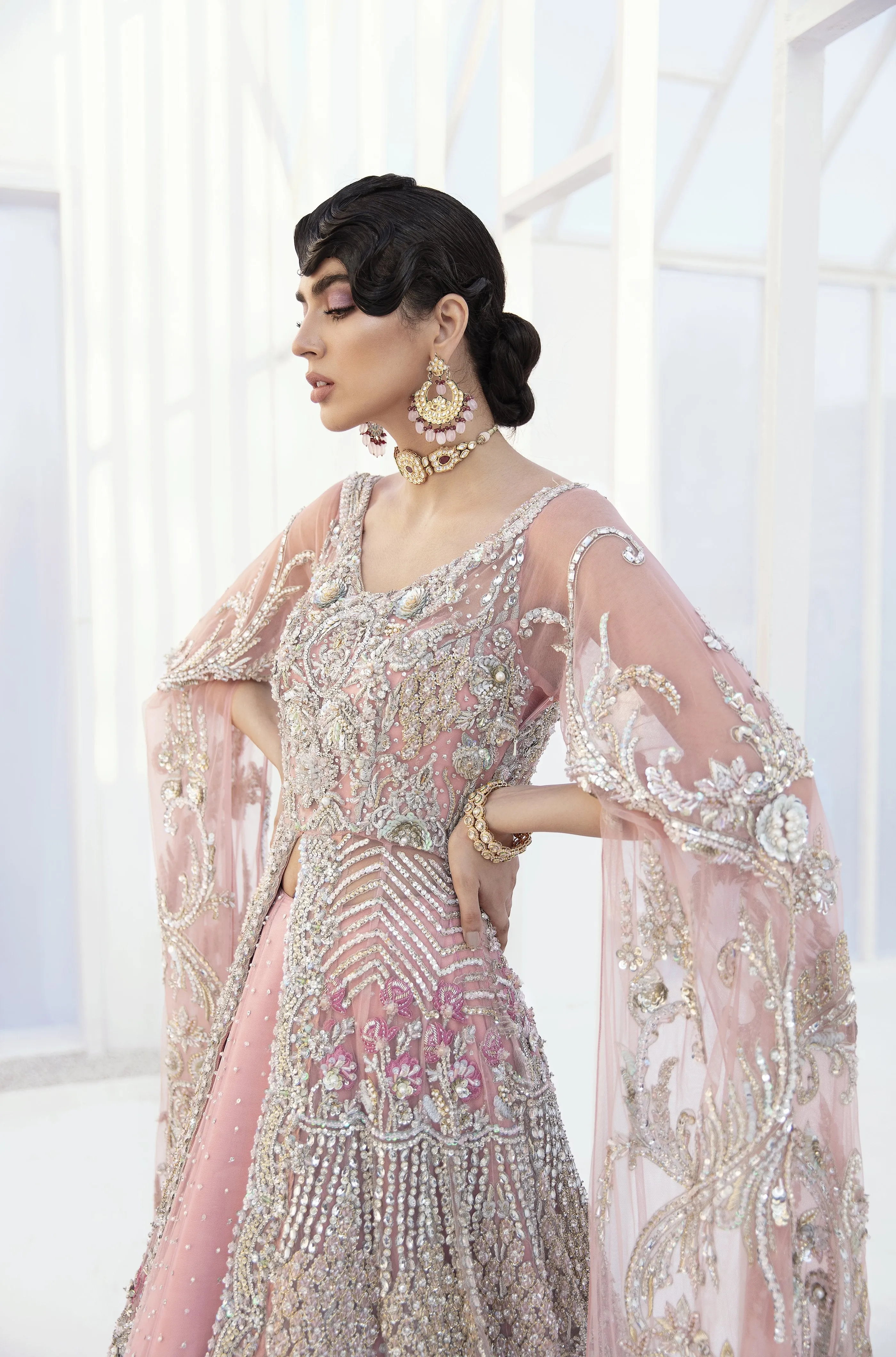 Pakistani Bridal Lehenga Designs in Embellished Heavy Zardozi Work for Wedding Wear in Blush Pink Lehenga in Front Open Gown #BN945