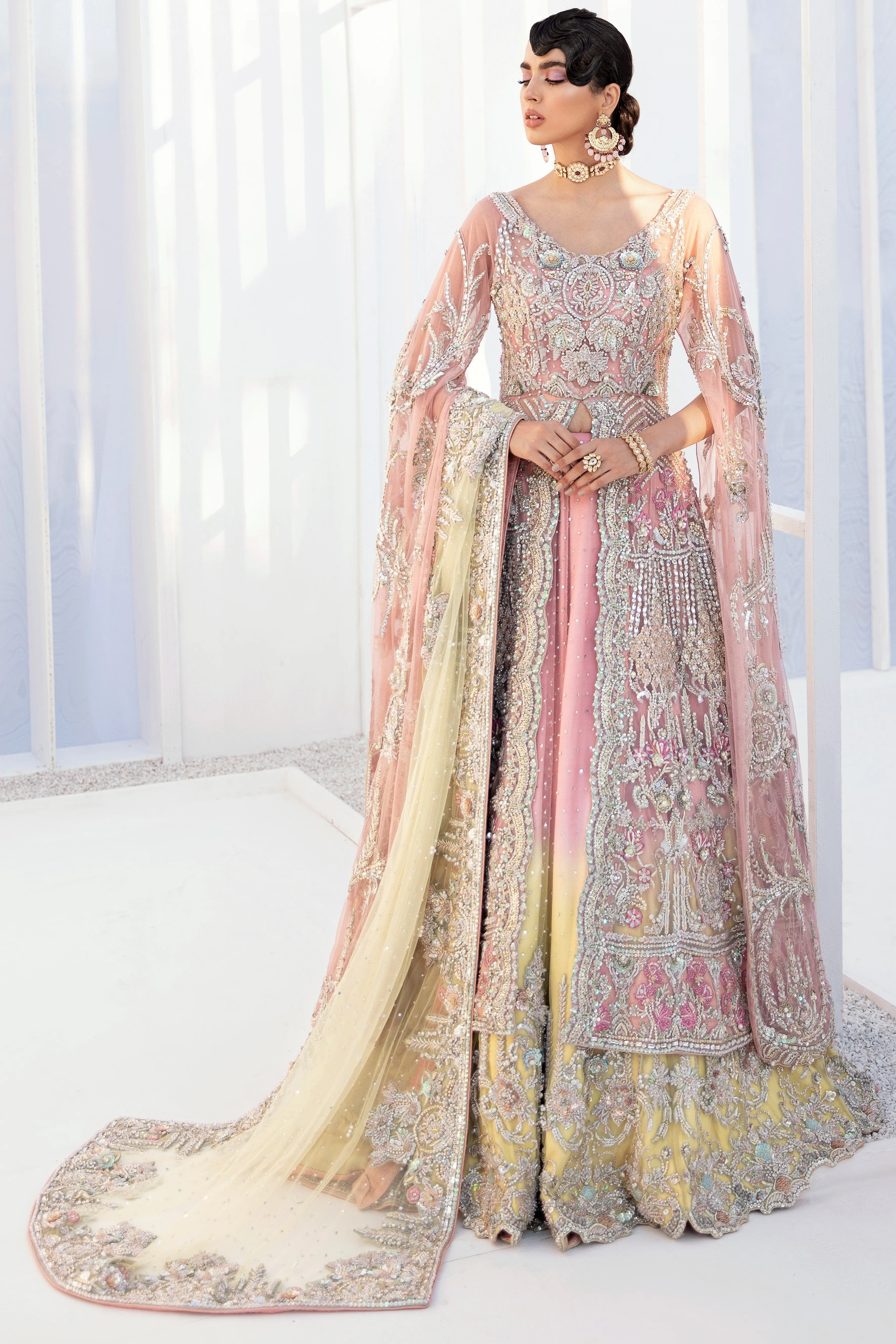 Pakistani Bridal Lehenga Designs in Embellished Heavy Zardozi Work for Wedding Wear in Blush Pink Lehenga in Front Open Gown #BN945