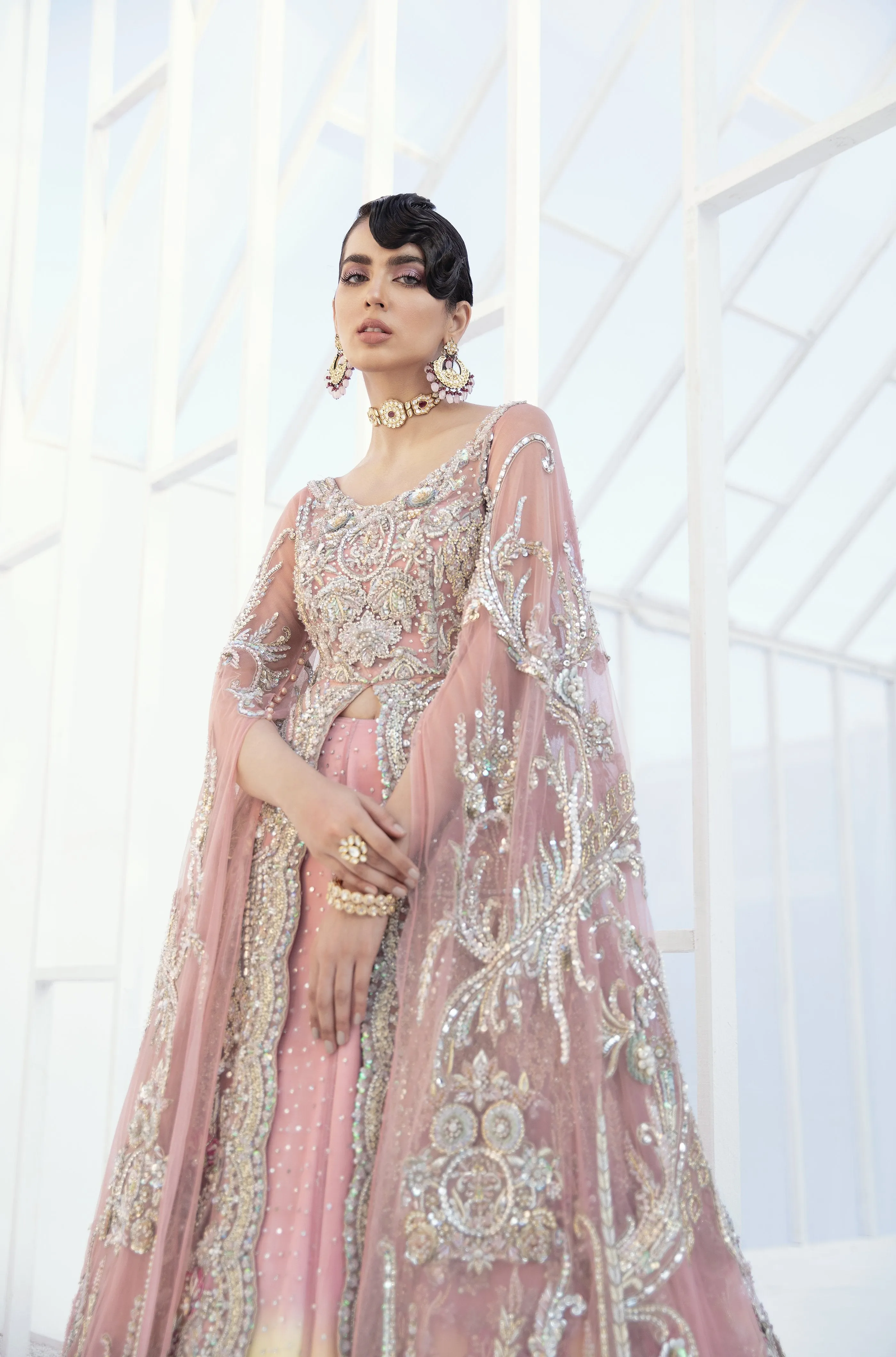 Pakistani Bridal Lehenga Designs in Embellished Heavy Zardozi Work for Wedding Wear in Blush Pink Lehenga in Front Open Gown #BN945