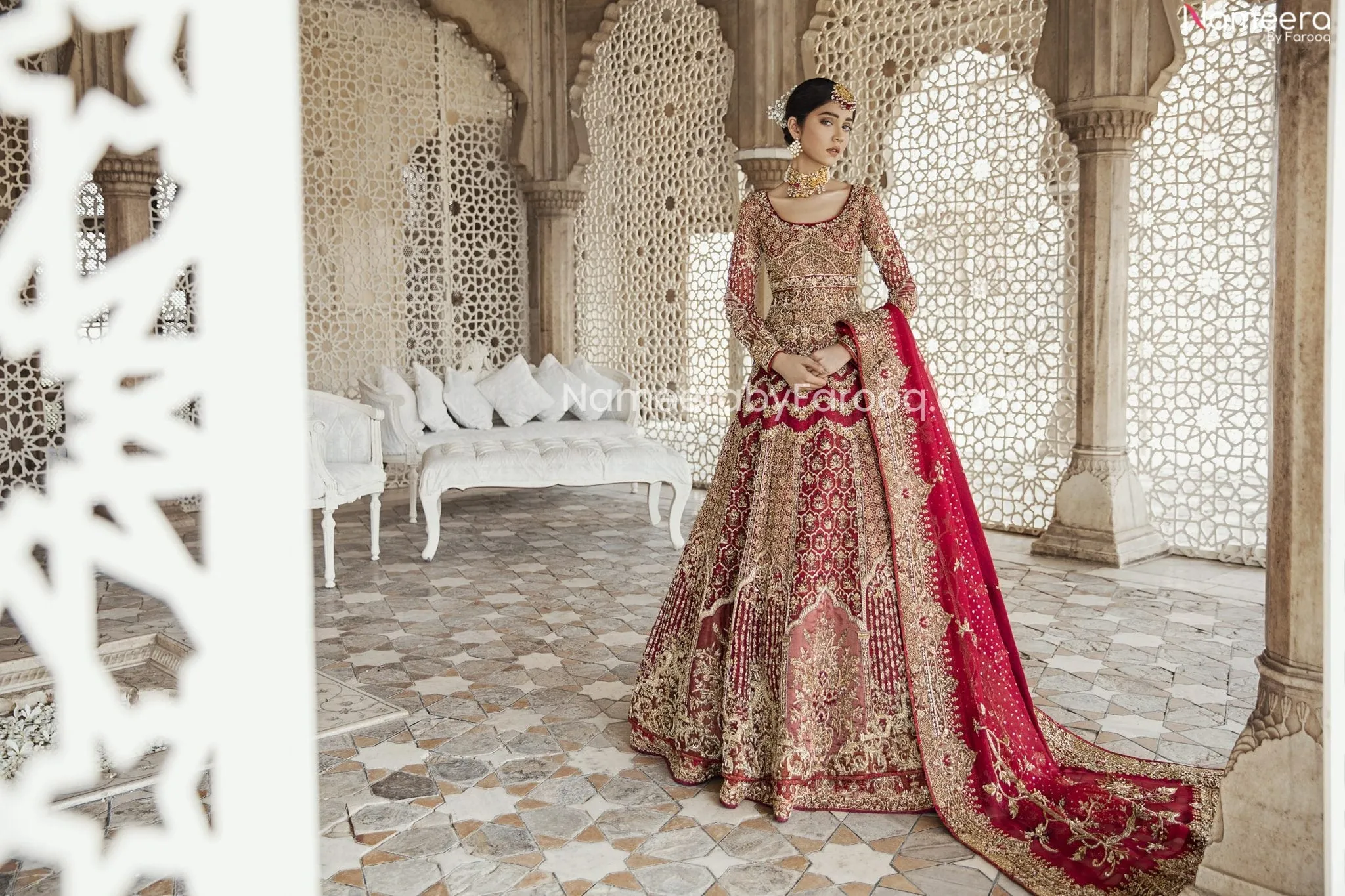 Pakistani Cherry Red Bridal Lehenga Gown Dress #BN770