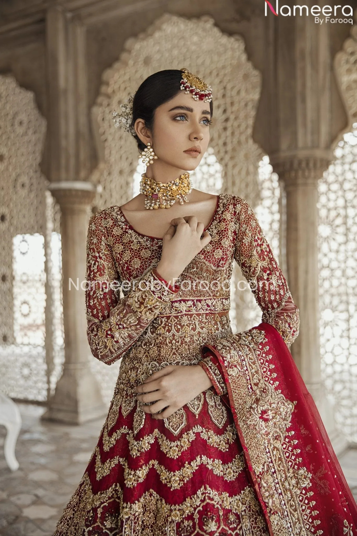 Pakistani Cherry Red Bridal Lehenga Gown Dress #BN770