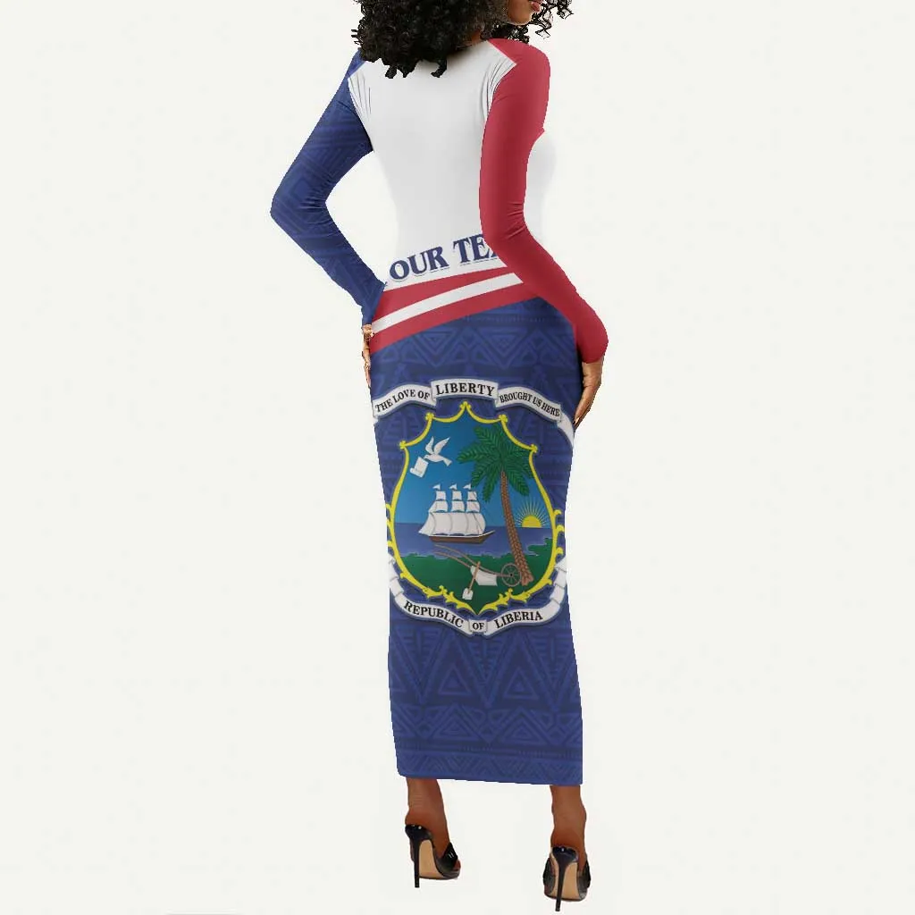 Personalised Liberia African Long Sleeve Bodycon Dress Coat Of Arms Flag LT15