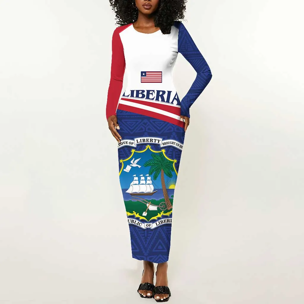 Personalised Liberia African Long Sleeve Bodycon Dress Coat Of Arms Flag LT15