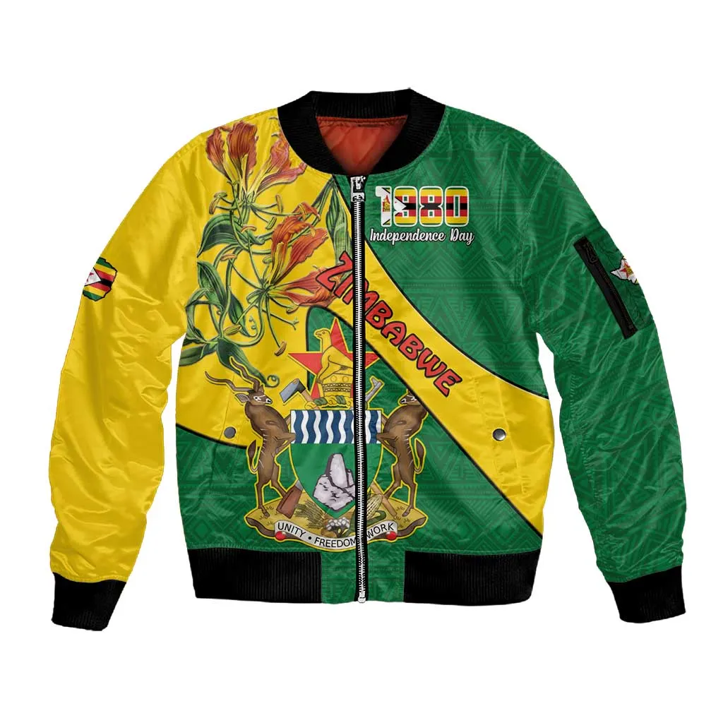 Personalised Proudly Zimbabwe Sleeve Zip Bomber Jacket Happy Independence Day LT15
