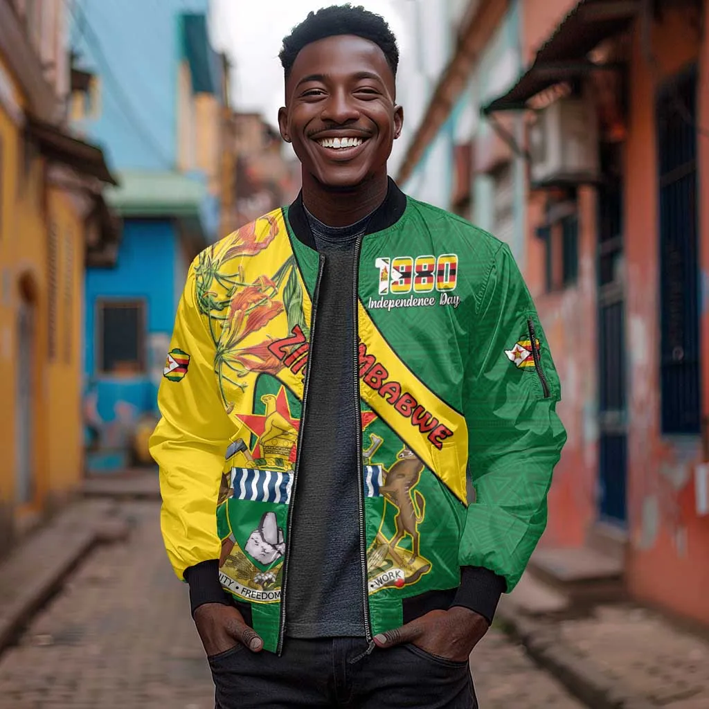 Personalised Proudly Zimbabwe Sleeve Zip Bomber Jacket Happy Independence Day LT15