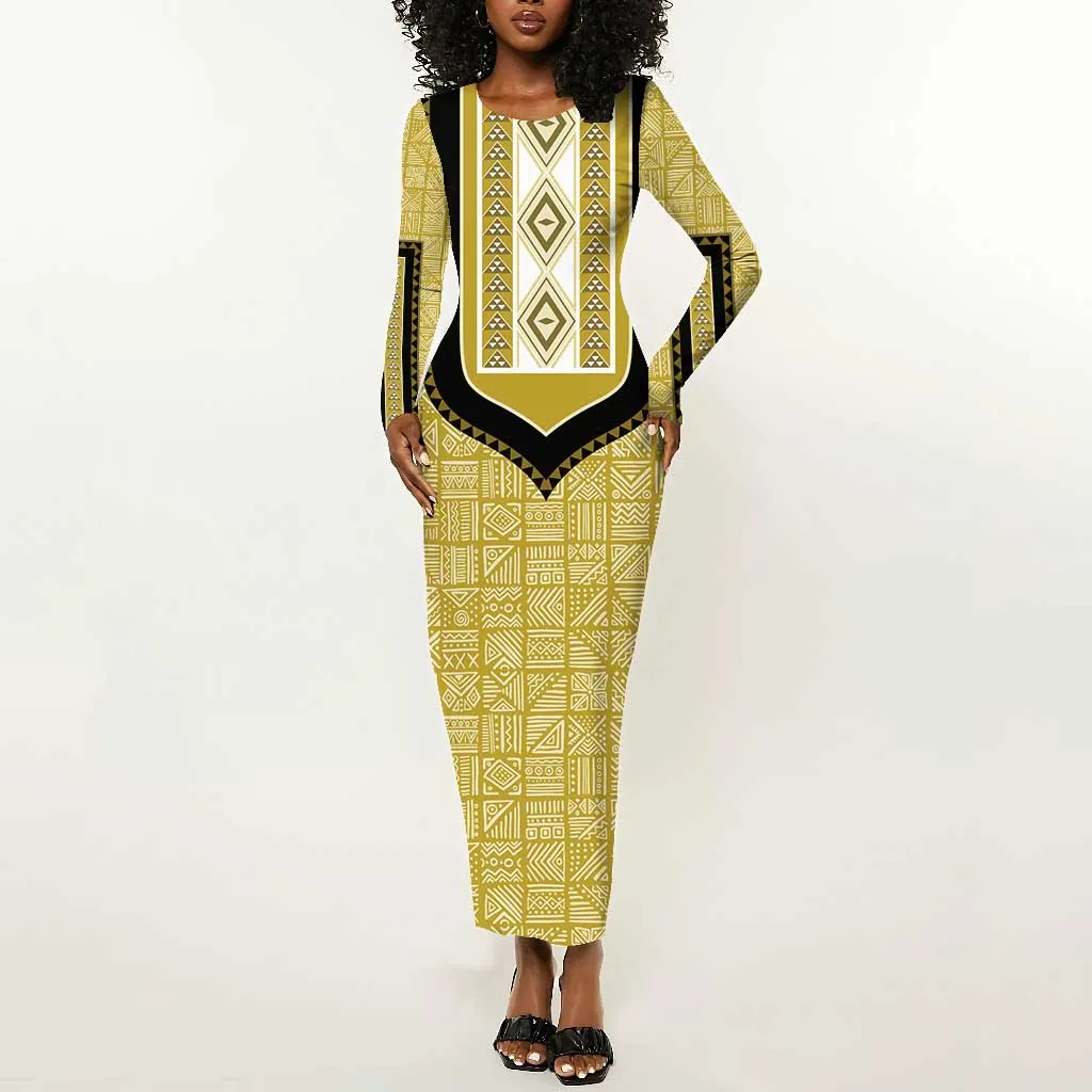 Personalized African Dashiki Long Sleeve Bodycon Dress - Mudcloth Style DT02