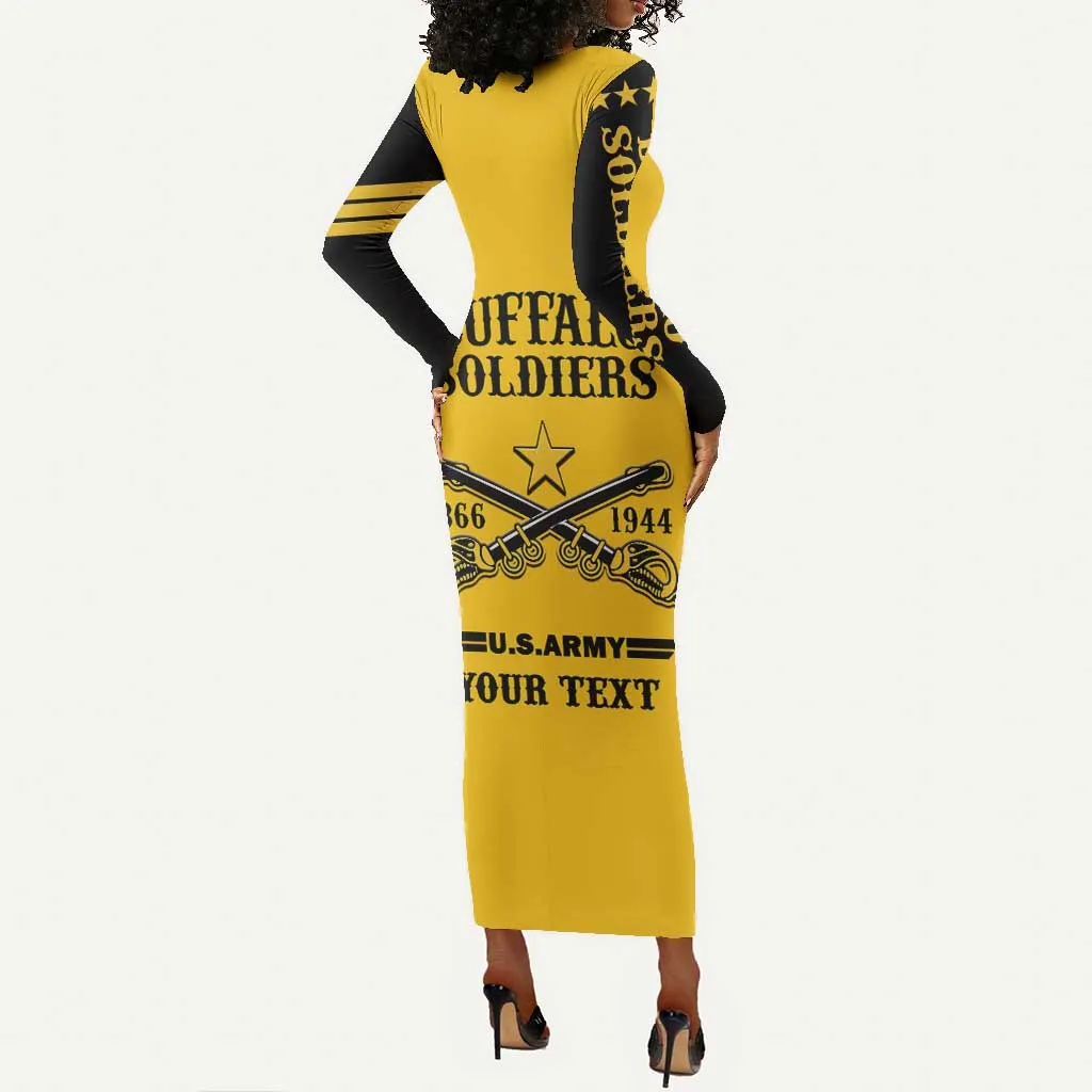 Personalized Afro Buffalo Soldiers Long Sleeve Bodycon Dress BSMC United States Army Yellow LT14
