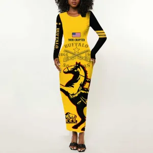 Personalized Afro Buffalo Soldiers Long Sleeve Bodycon Dress BSMC United States Army Yellow LT14