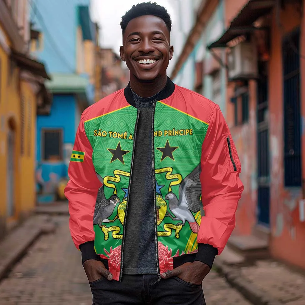 Personalized Afro Sao Tome and Principe Sleeve Zip Bomber Jacket Coat Of Arms - African Pattern LT15