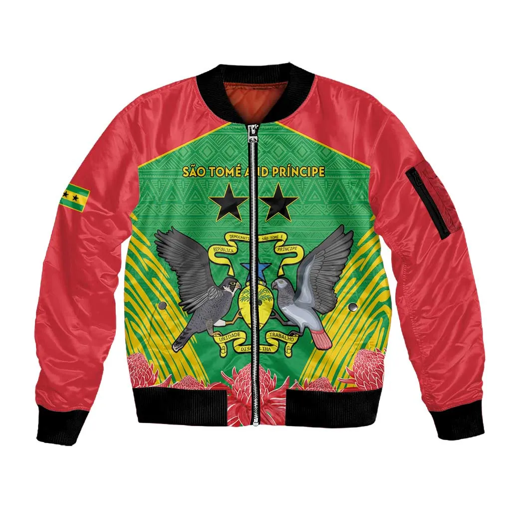 Personalized Afro Sao Tome and Principe Sleeve Zip Bomber Jacket Coat Of Arms - African Pattern LT15