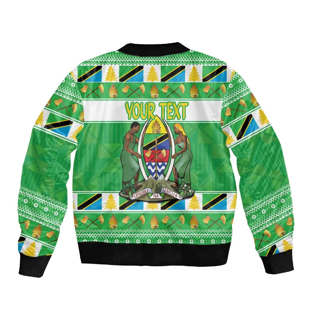 Personalized Afro Tanzania Christmas Sleeve Zip Bomber Jacket Heri ya Krismasi With Coat Of Arms LT18