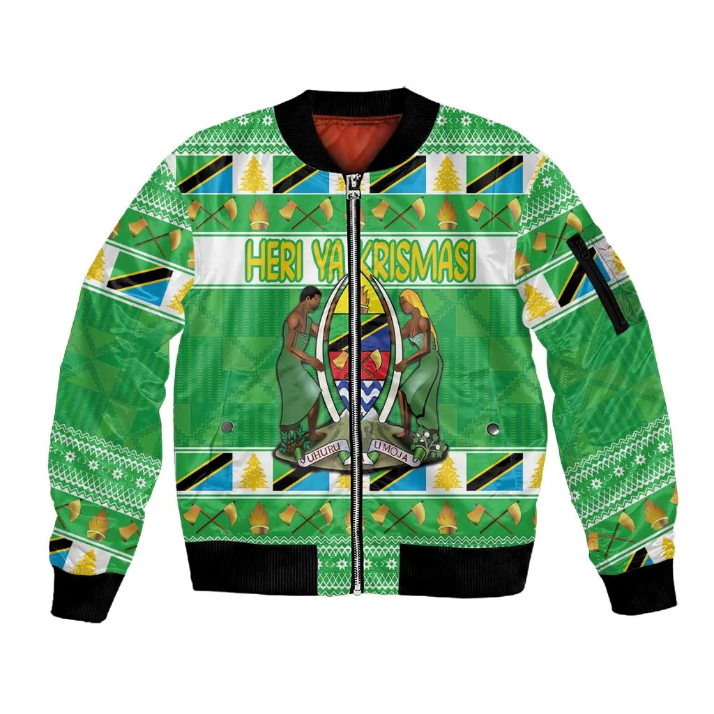 Personalized Afro Tanzania Christmas Sleeve Zip Bomber Jacket Heri ya Krismasi With Coat Of Arms LT18