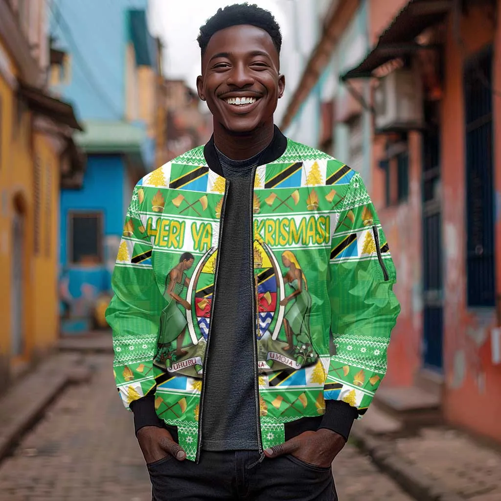 Personalized Afro Tanzania Christmas Sleeve Zip Bomber Jacket Heri ya Krismasi With Coat Of Arms LT18