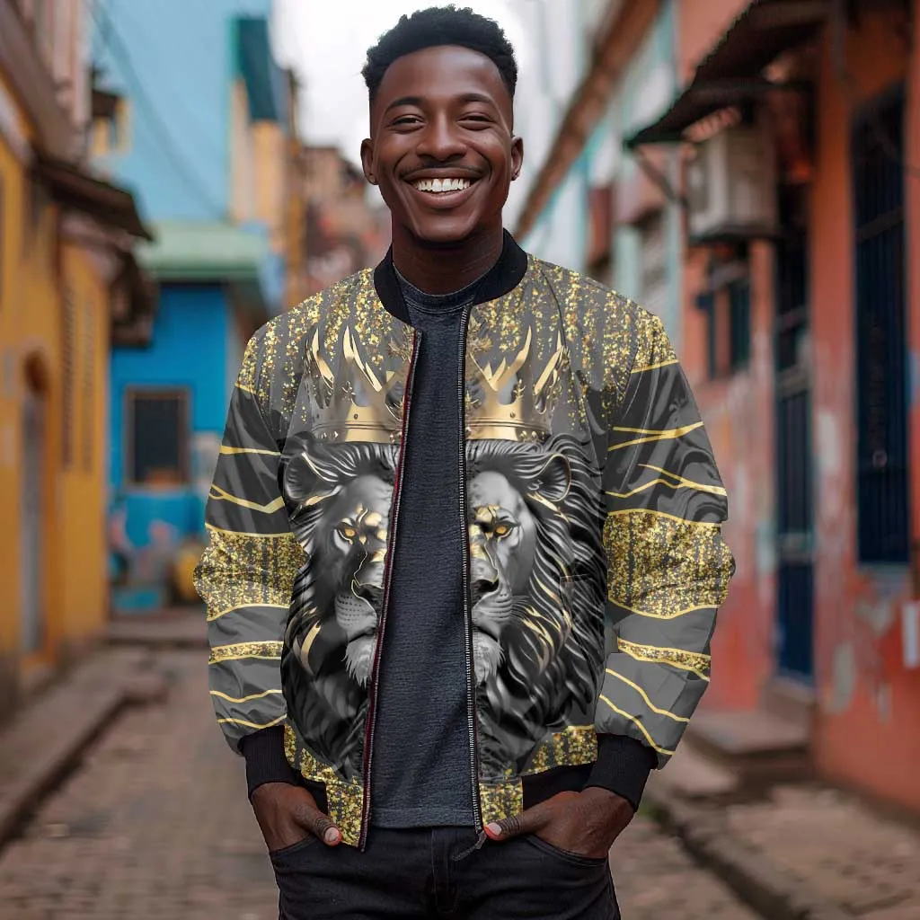 Personalized Black and Gold Lion Africa Bomber Jacket DT03