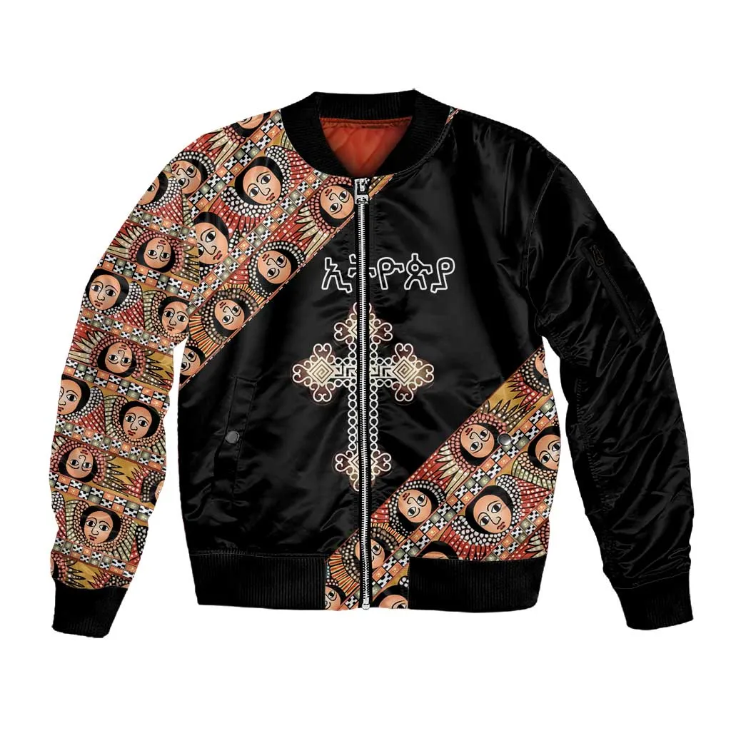 Personalized Ethiopia Sleeve Zip Bomber Jacket Ethiopian Orthodox Church Angel Black Color LT15