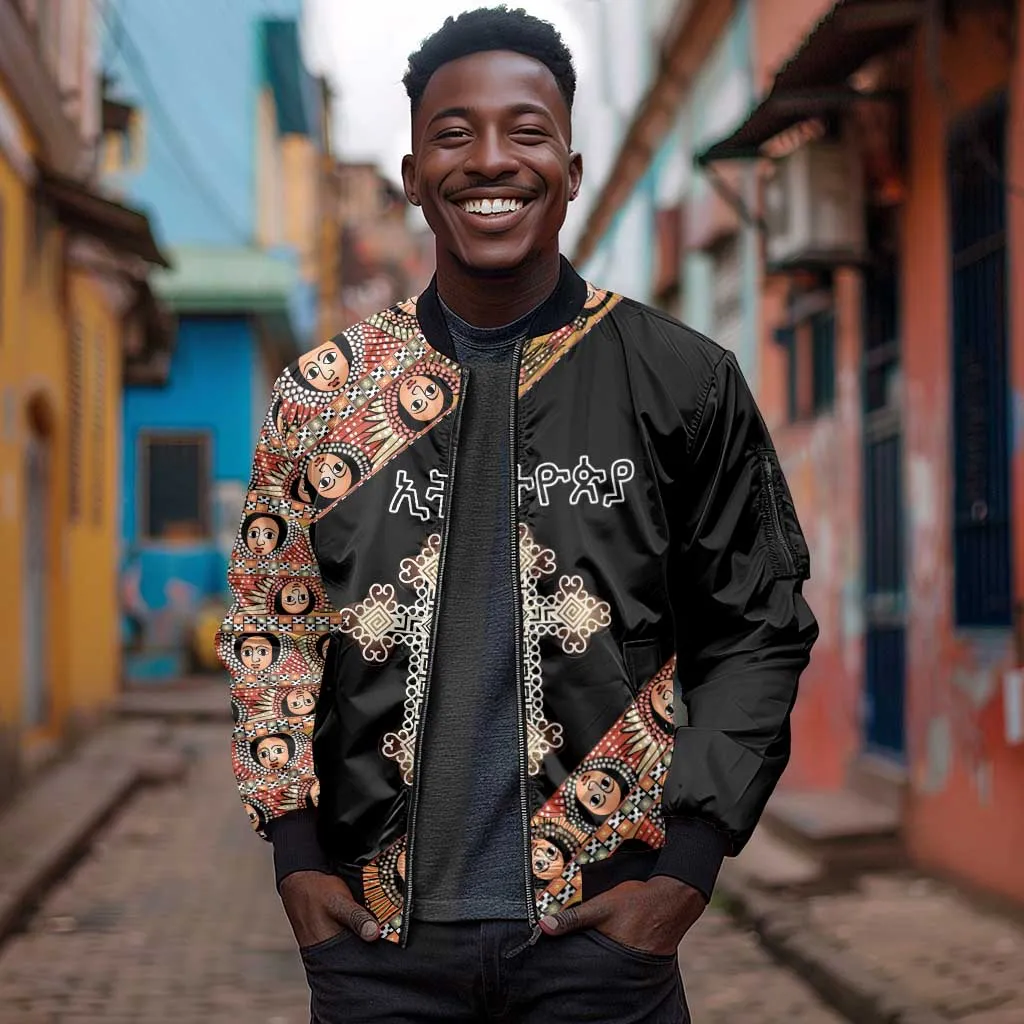 Personalized Ethiopia Sleeve Zip Bomber Jacket Ethiopian Orthodox Church Angel Black Color LT15