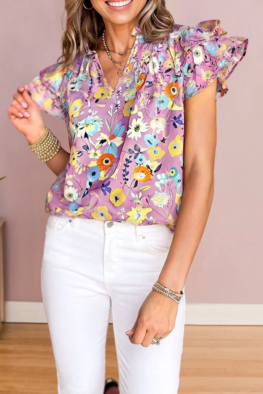 Pink Flutter Sleeve V Neck Floral Top