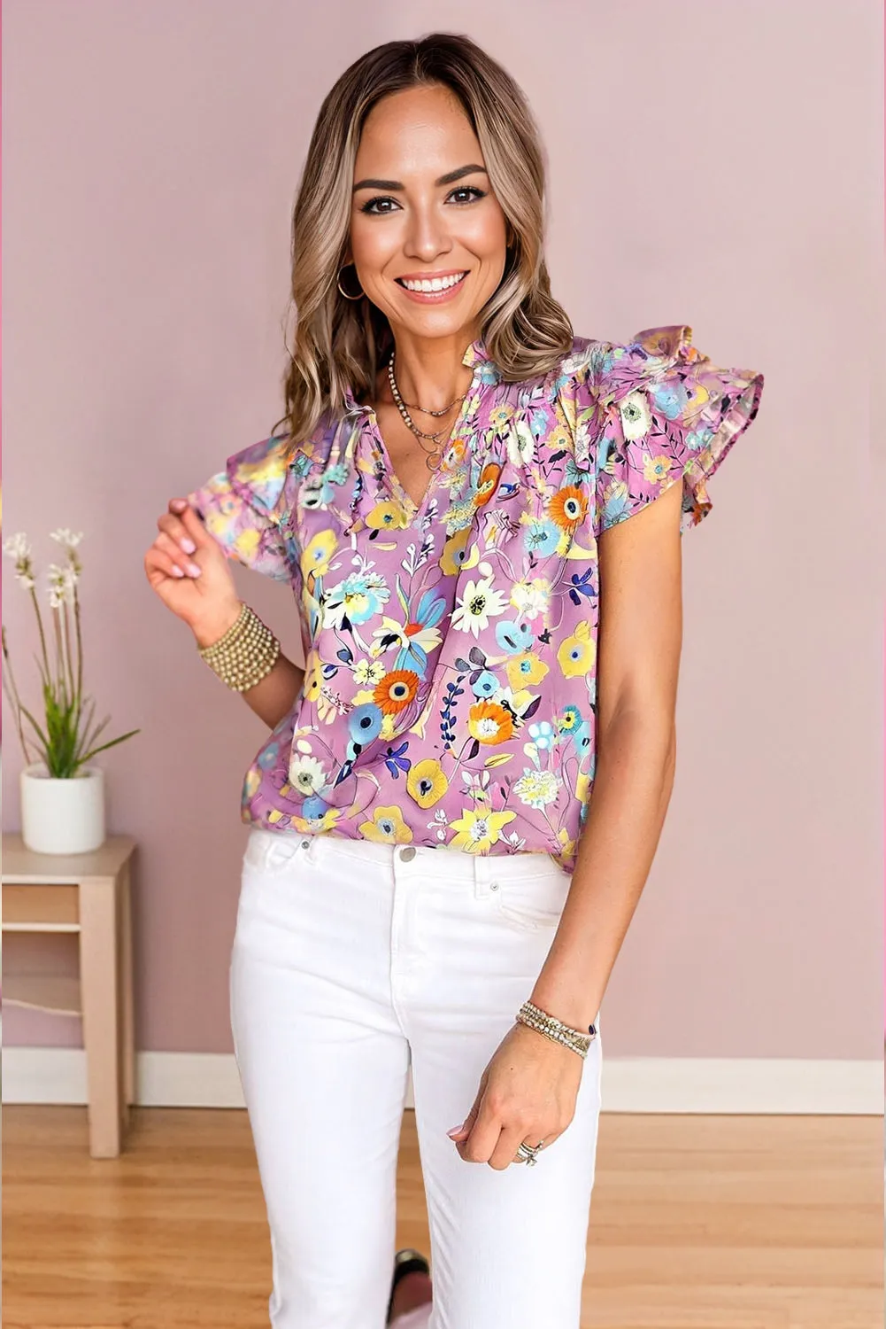 Pink Flutter Sleeve V Neck Floral Top