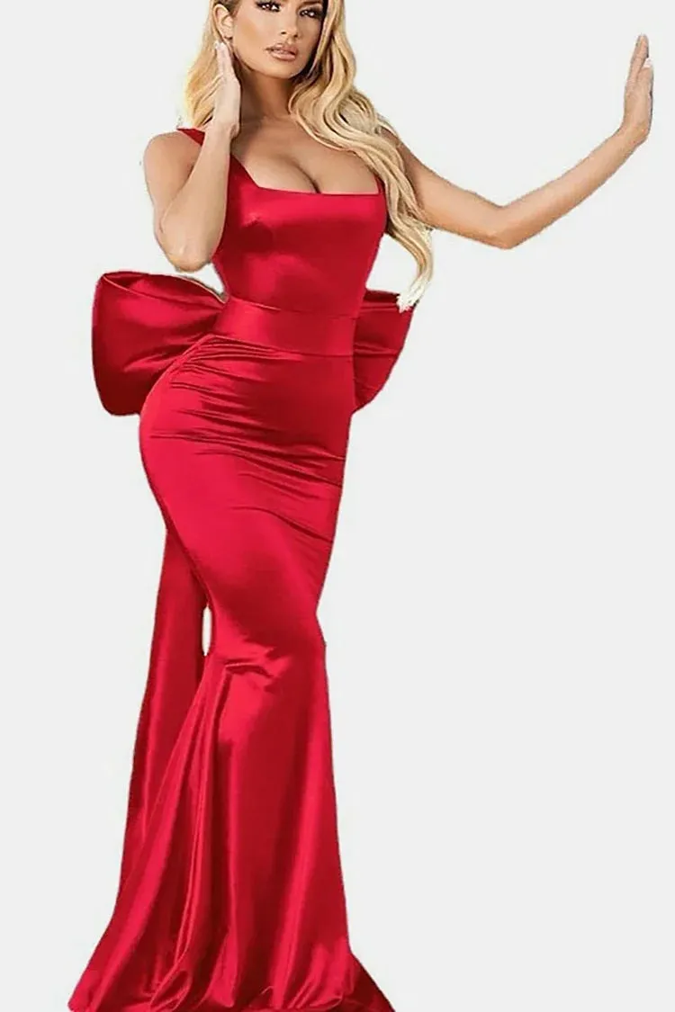 Plain Bow Decor Sash Bodycon Mermaid Hem Evening Gowns White Slip Maxi Dresses