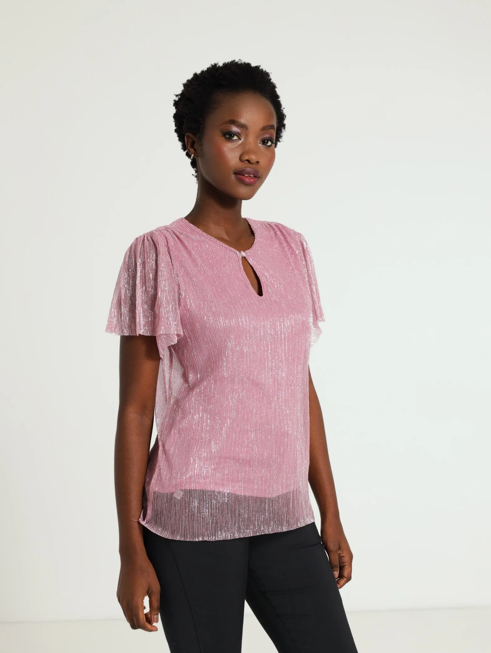 Plisse Keyhole Flutter Sleeve Blouse - Blush
