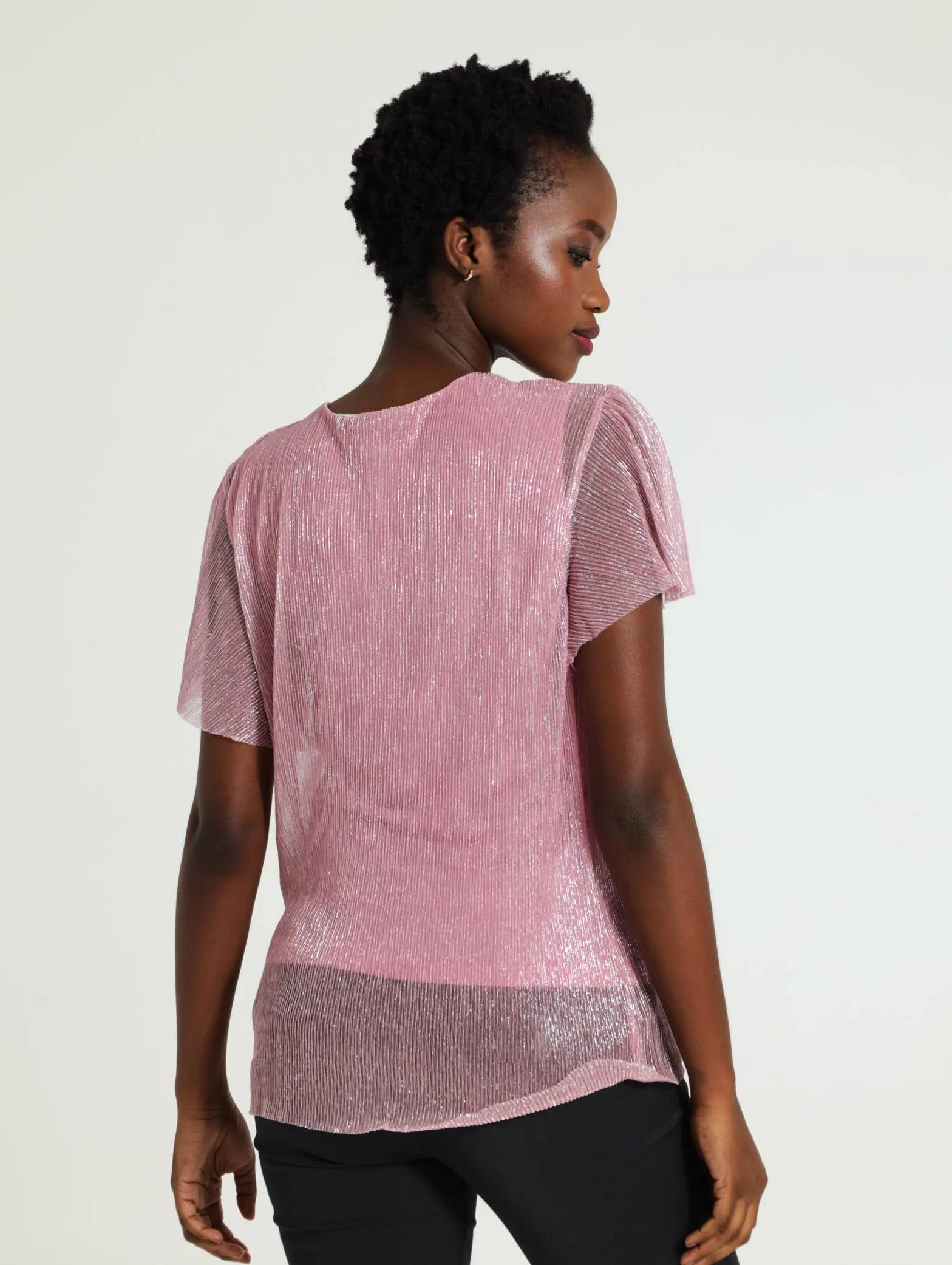 Plisse Keyhole Flutter Sleeve Blouse - Blush