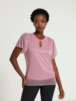 Plisse Keyhole Flutter Sleeve Blouse - Blush