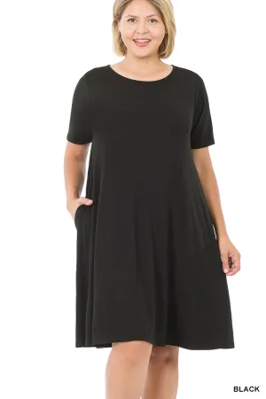 PLUS SHORT SLEEVE FLARED DRESS WITH SIDE POCKETS