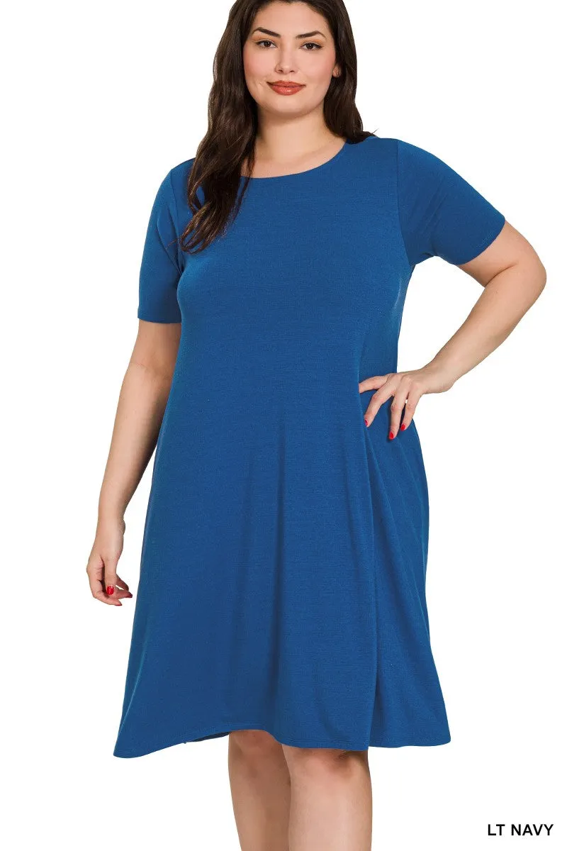 PLUS SHORT SLEEVE FLARED DRESS WITH SIDE POCKETS