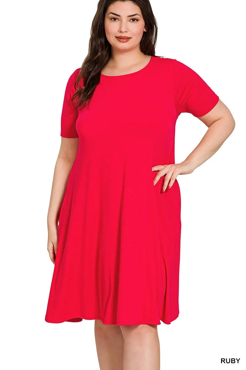 PLUS SHORT SLEEVE FLARED DRESS WITH SIDE POCKETS