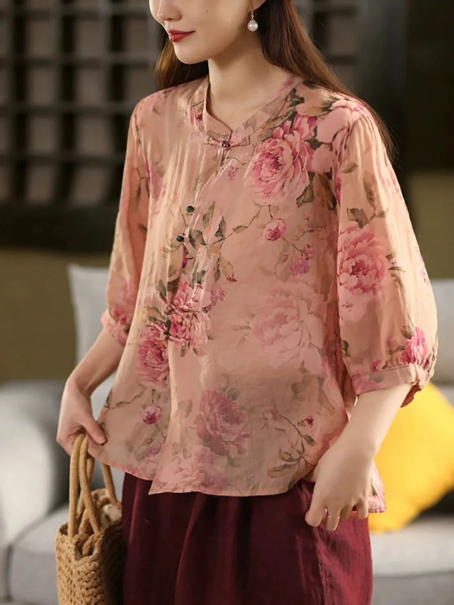 Plus Size Women Summer Retro Flower Stand Collar 100%Ramie Shirt