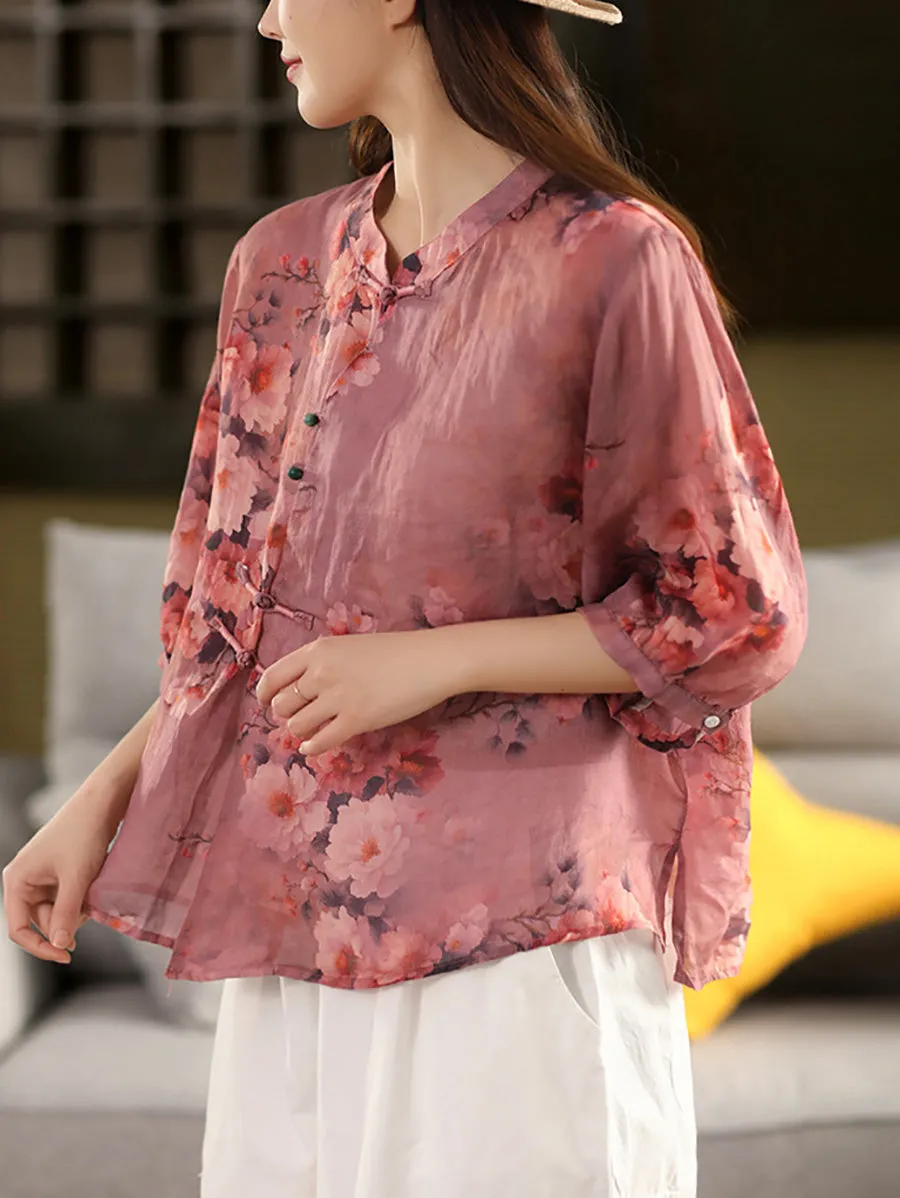 Plus Size Women Summer Retro Flower Stand Collar 100%Ramie Shirt
