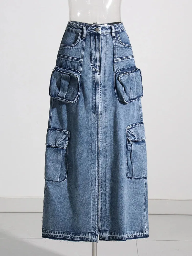 Pockets Split Denim Long Skirts