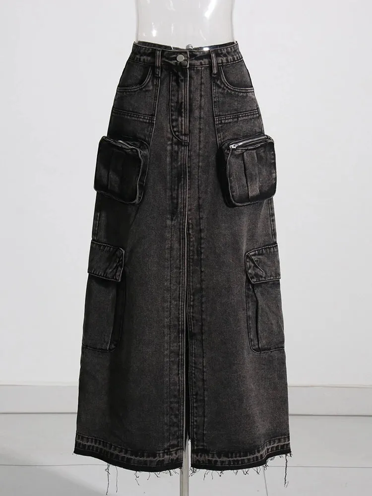 Pockets Split Denim Long Skirts