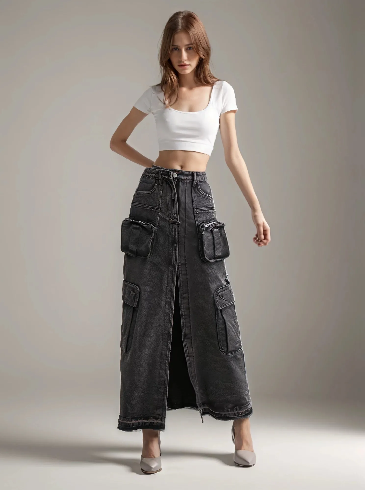 Pockets Split Denim Long Skirts