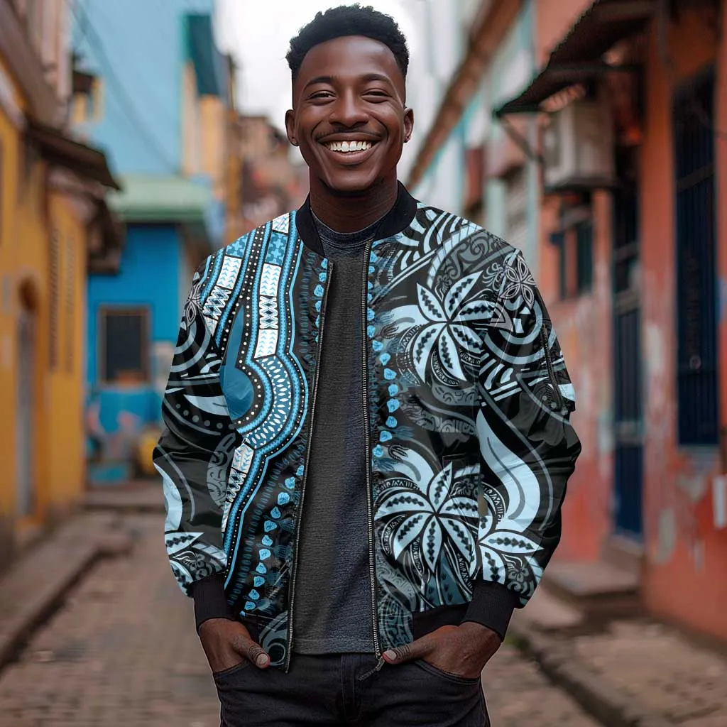 Polynesia Mixed African Dashiki Sleeve Zip Bomber Jacket Afro-pacific Culture - Blue LT9
