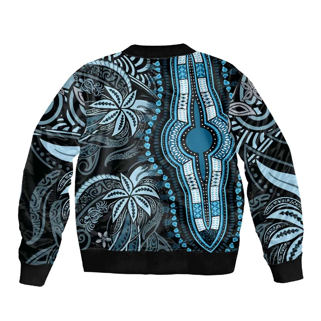 Polynesia Mixed African Dashiki Sleeve Zip Bomber Jacket Afro-pacific Culture - Blue LT9