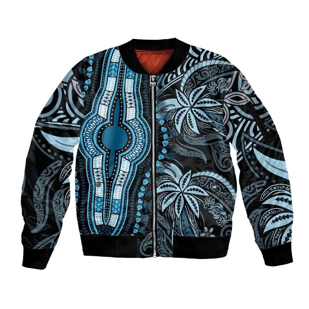 Polynesia Mixed African Dashiki Sleeve Zip Bomber Jacket Afro-pacific Culture - Blue LT9