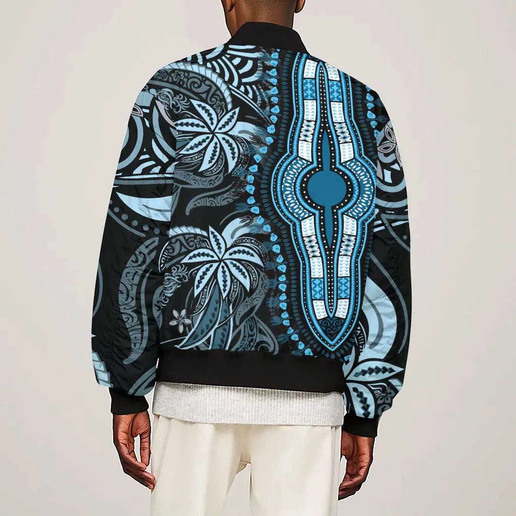 Polynesia Mixed African Dashiki Sleeve Zip Bomber Jacket Afro-pacific Culture - Blue LT9