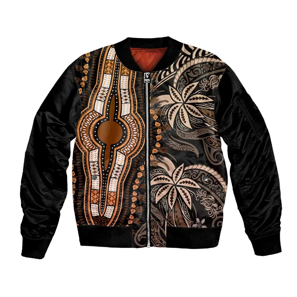 Polynesia Mixed African Dashiki Sleeve Zip Bomber Jacket Afro-pacific Culture - Gold LT9