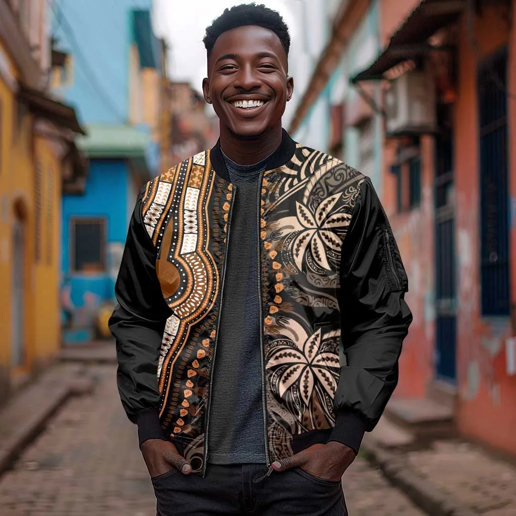 Polynesia Mixed African Dashiki Sleeve Zip Bomber Jacket Afro-pacific Culture - Gold LT9