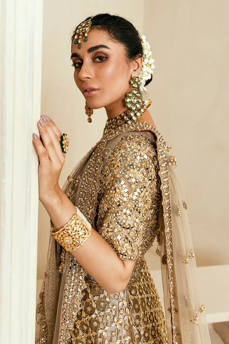 Popular Pakistani Bridal Lehenga in Embellished Heavy Sitara Work on Bridal Gold Lehenga Choli for Pakistani Brides in Raw Silk #BN933