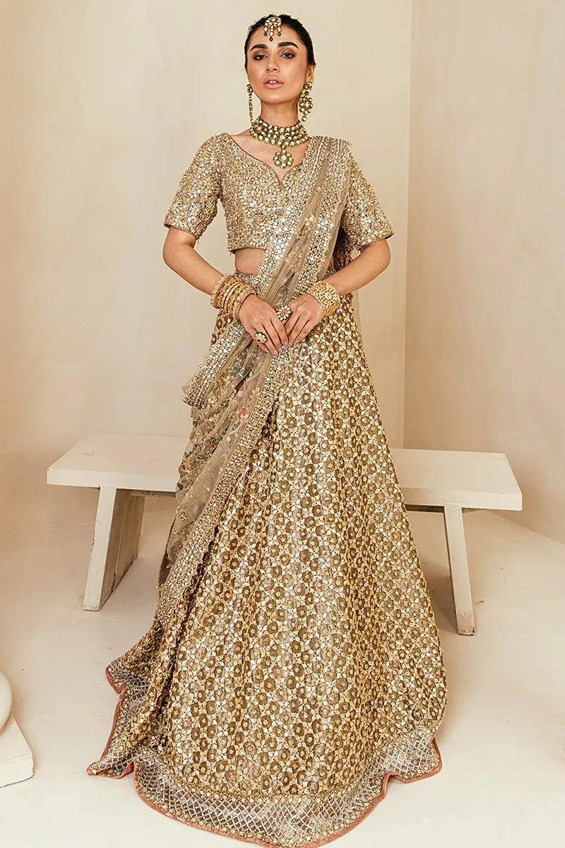 Popular Pakistani Bridal Lehenga in Embellished Heavy Sitara Work on Bridal Gold Lehenga Choli for Pakistani Brides in Raw Silk #BN933