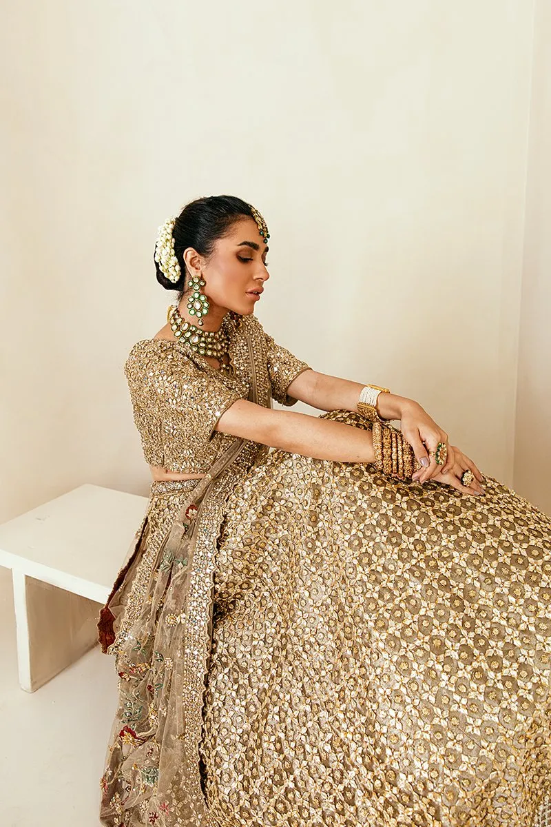 Popular Pakistani Bridal Lehenga in Embellished Heavy Sitara Work on Bridal Gold Lehenga Choli for Pakistani Brides in Raw Silk #BN933