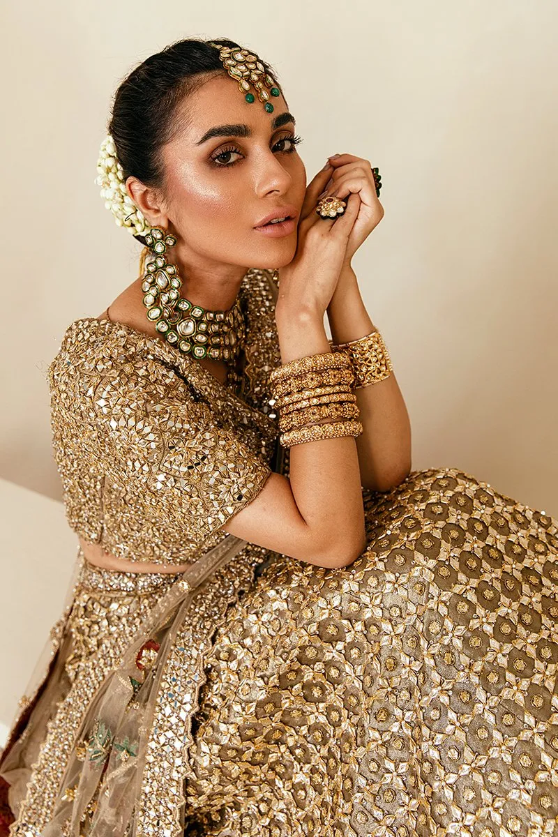 Popular Pakistani Bridal Lehenga in Embellished Heavy Sitara Work on Bridal Gold Lehenga Choli for Pakistani Brides in Raw Silk #BN933