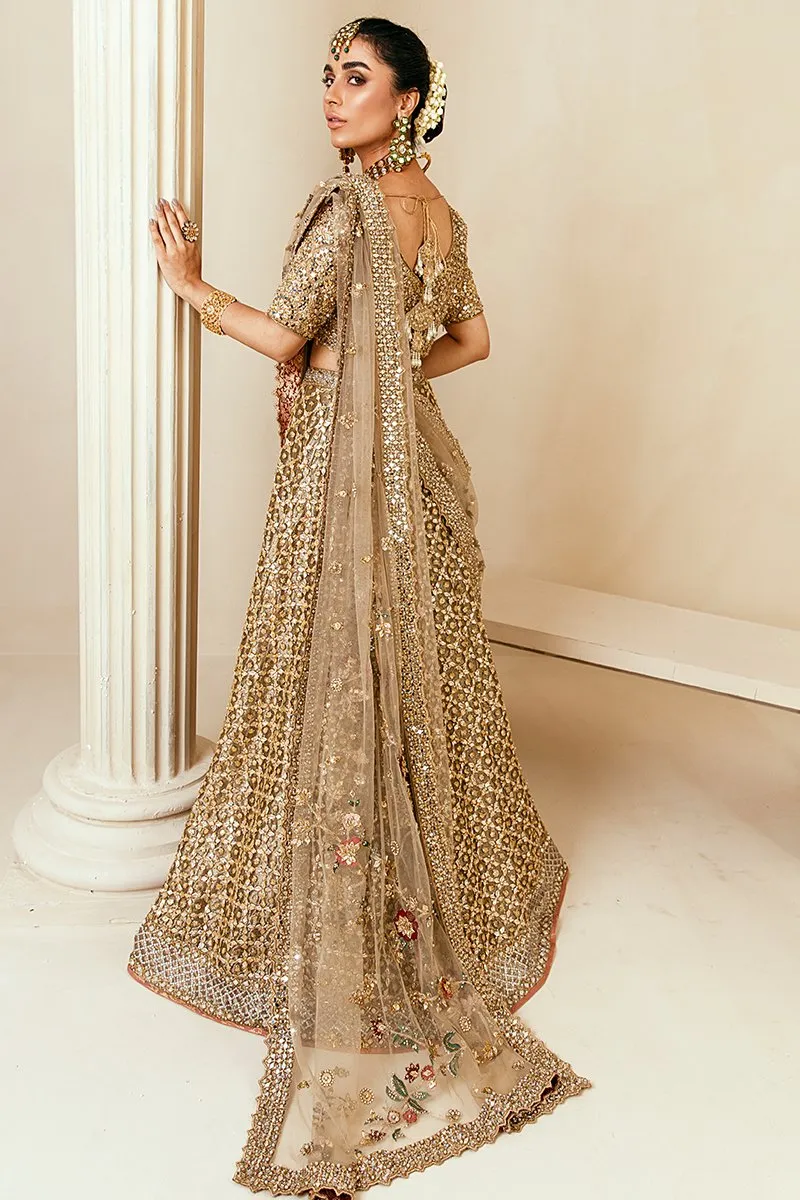 Popular Pakistani Bridal Lehenga in Embellished Heavy Sitara Work on Bridal Gold Lehenga Choli for Pakistani Brides in Raw Silk #BN933
