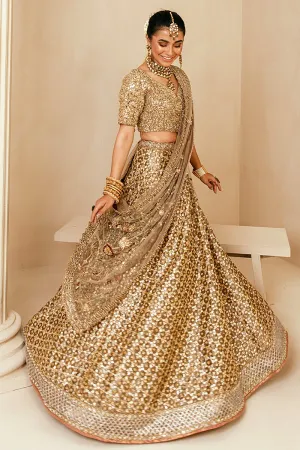 Popular Pakistani Bridal Lehenga in Embellished Heavy Sitara Work on Bridal Gold Lehenga Choli for Pakistani Brides in Raw Silk #BN933