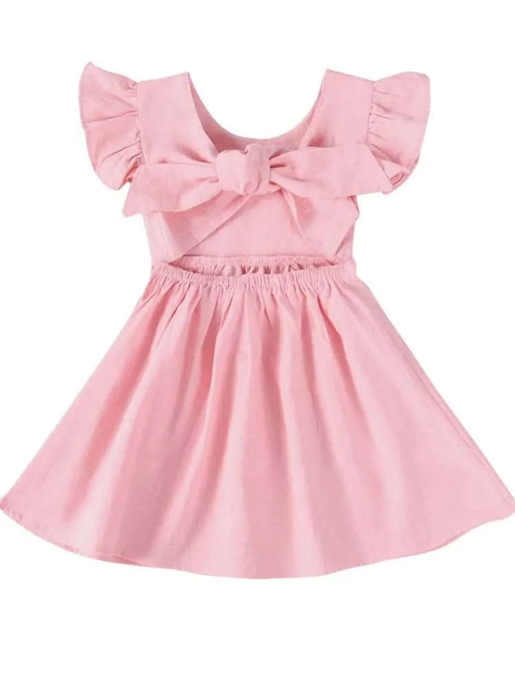 Pretty Pink Tie Bow Back Girls Party Dress - 6m to 4y