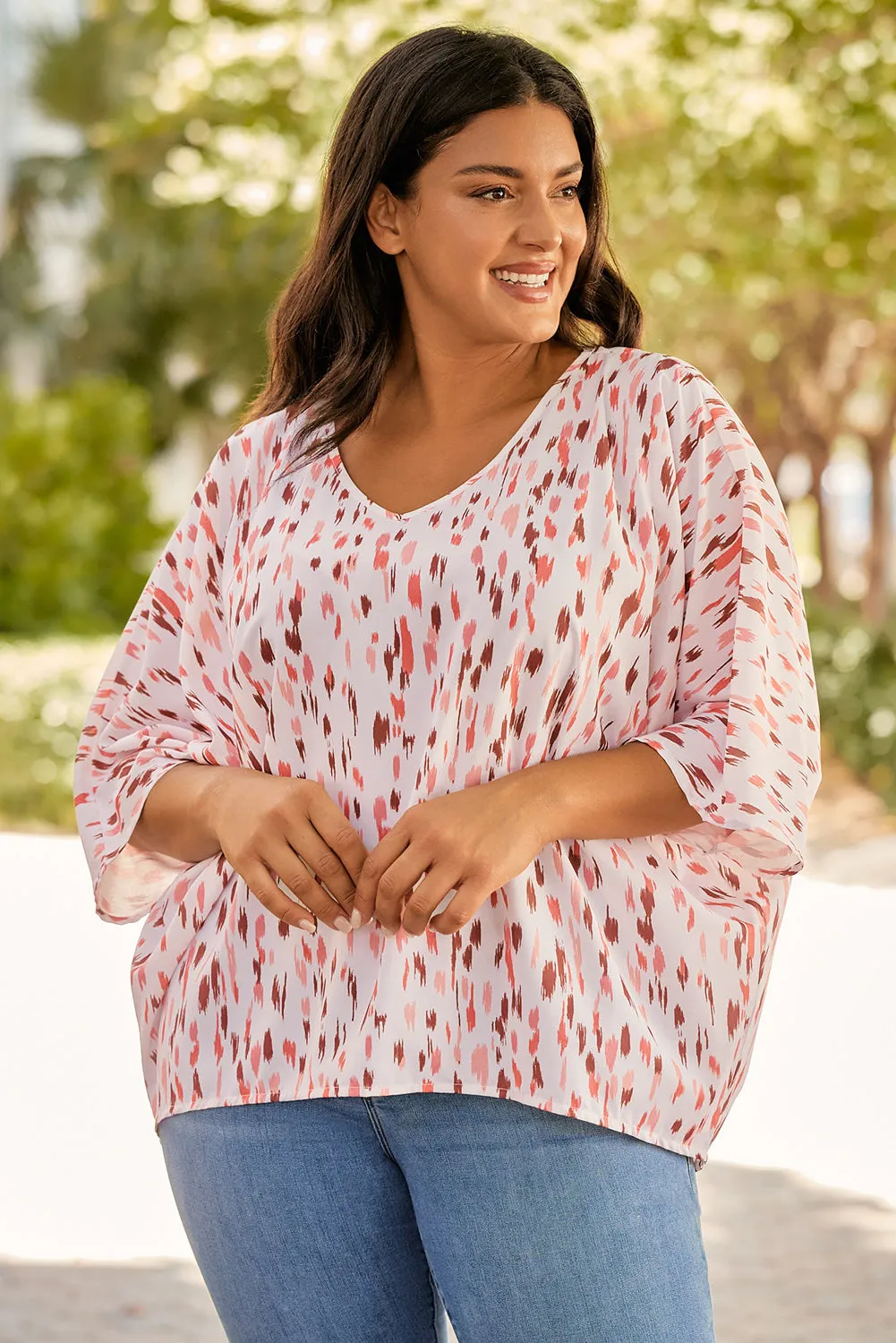 Printed 3/4 Dolman Sleeve Plus Size Blouse
