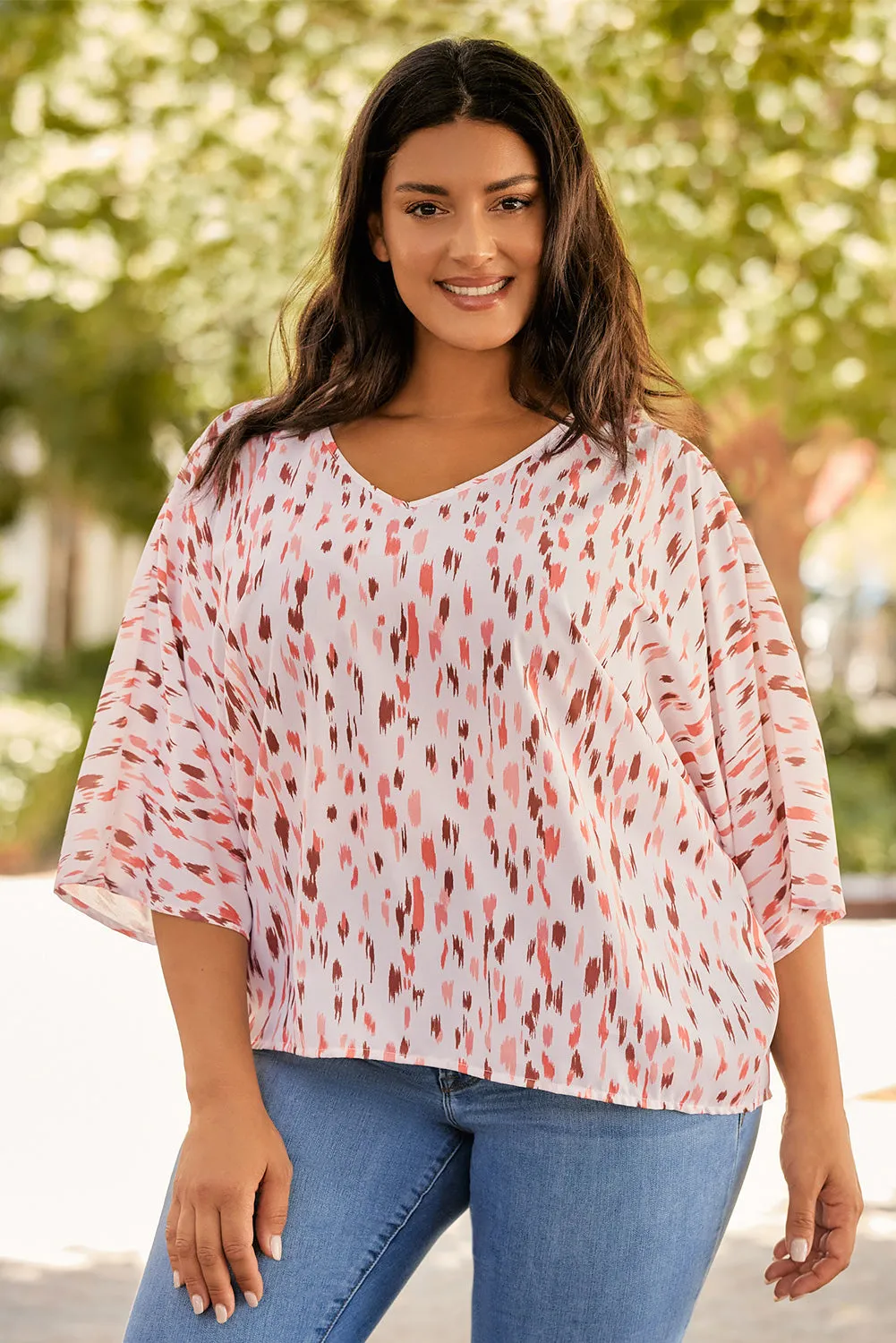 Printed 3/4 Dolman Sleeve Plus Size Blouse