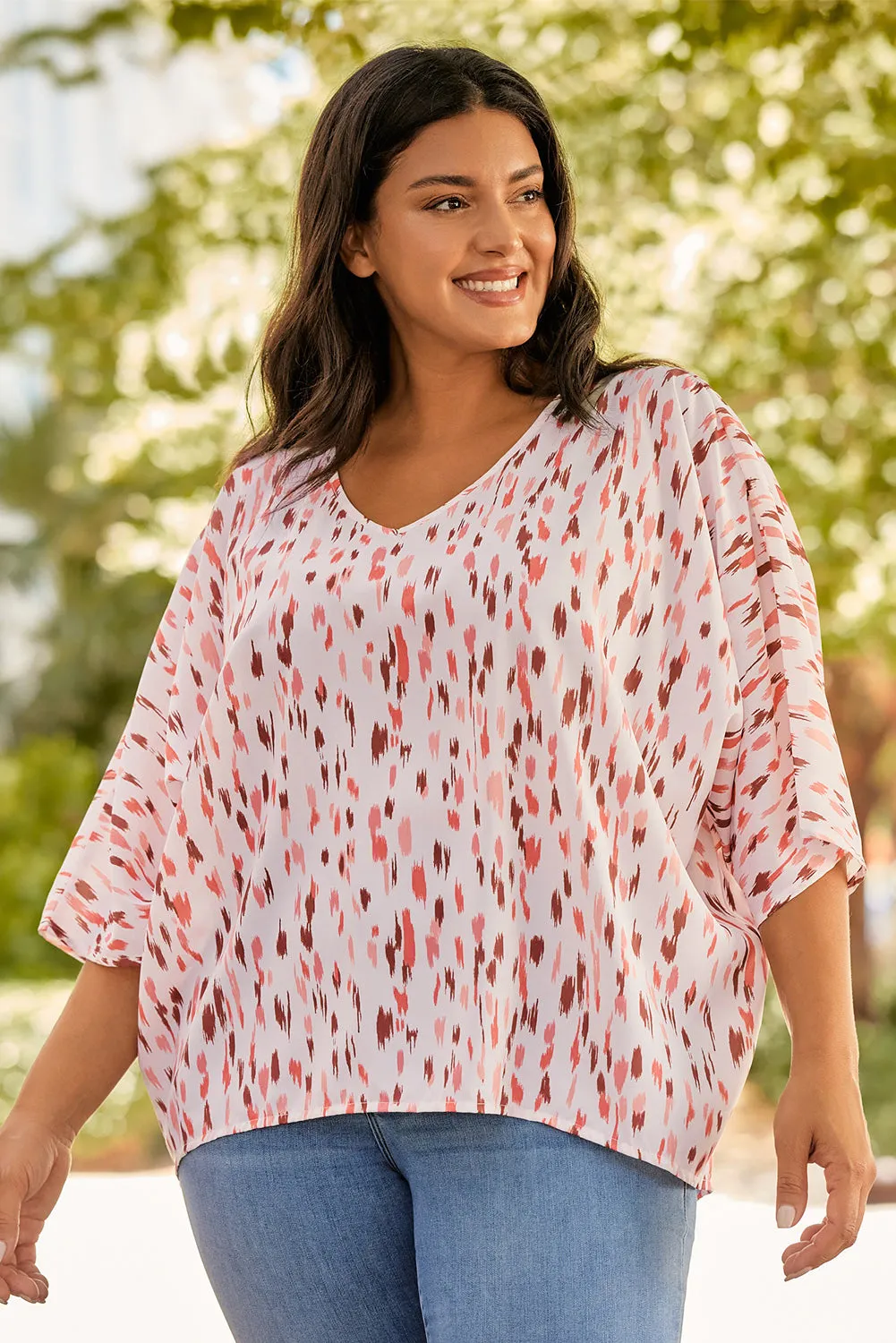 Printed 3/4 Dolman Sleeve Plus Size Blouse